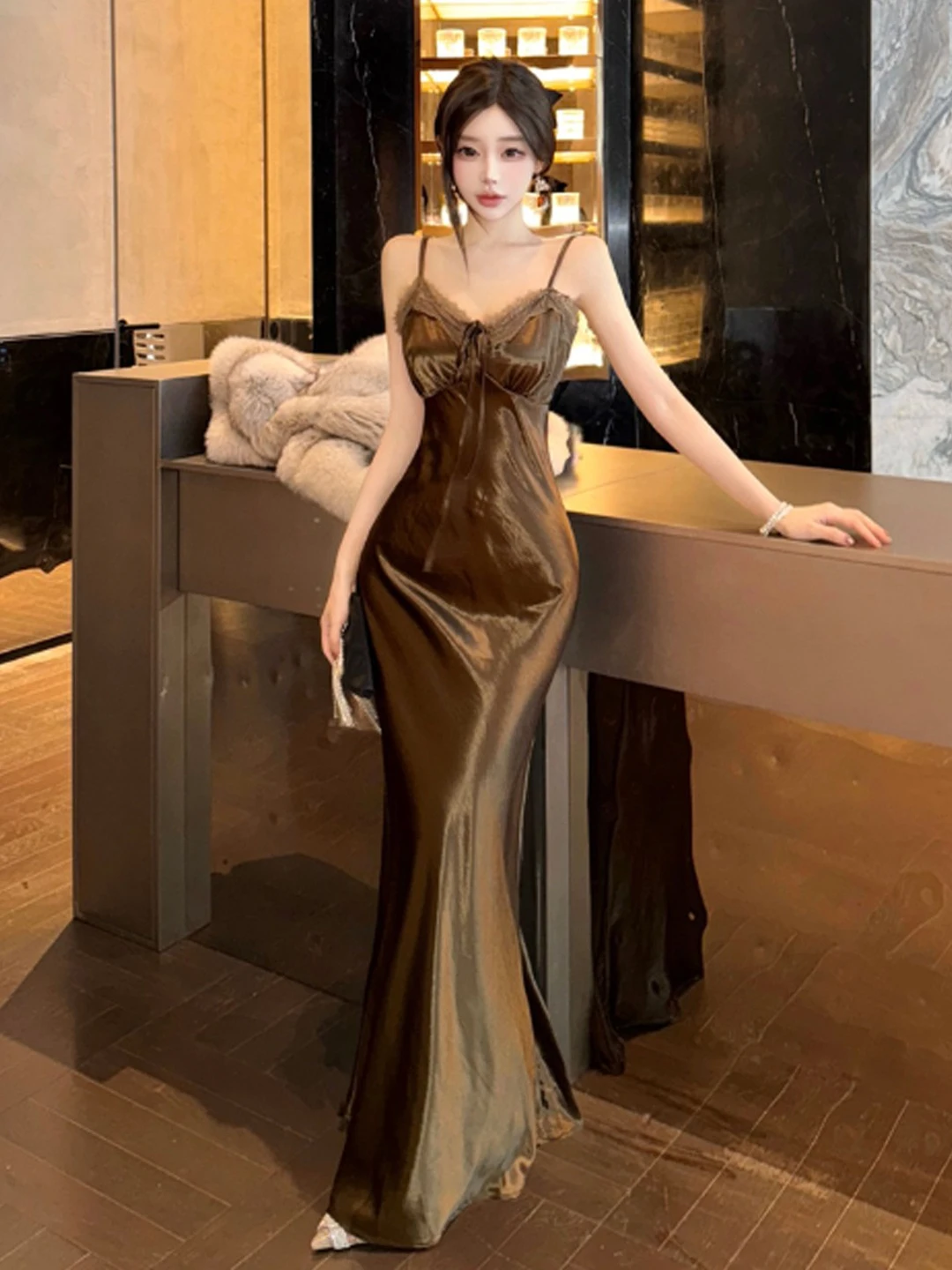 

Elegant Lace Splice V-Neck Slim Fit Wrap around Skirt Dress Women's Fashion High Waist Gown Spring Season Casual Wear