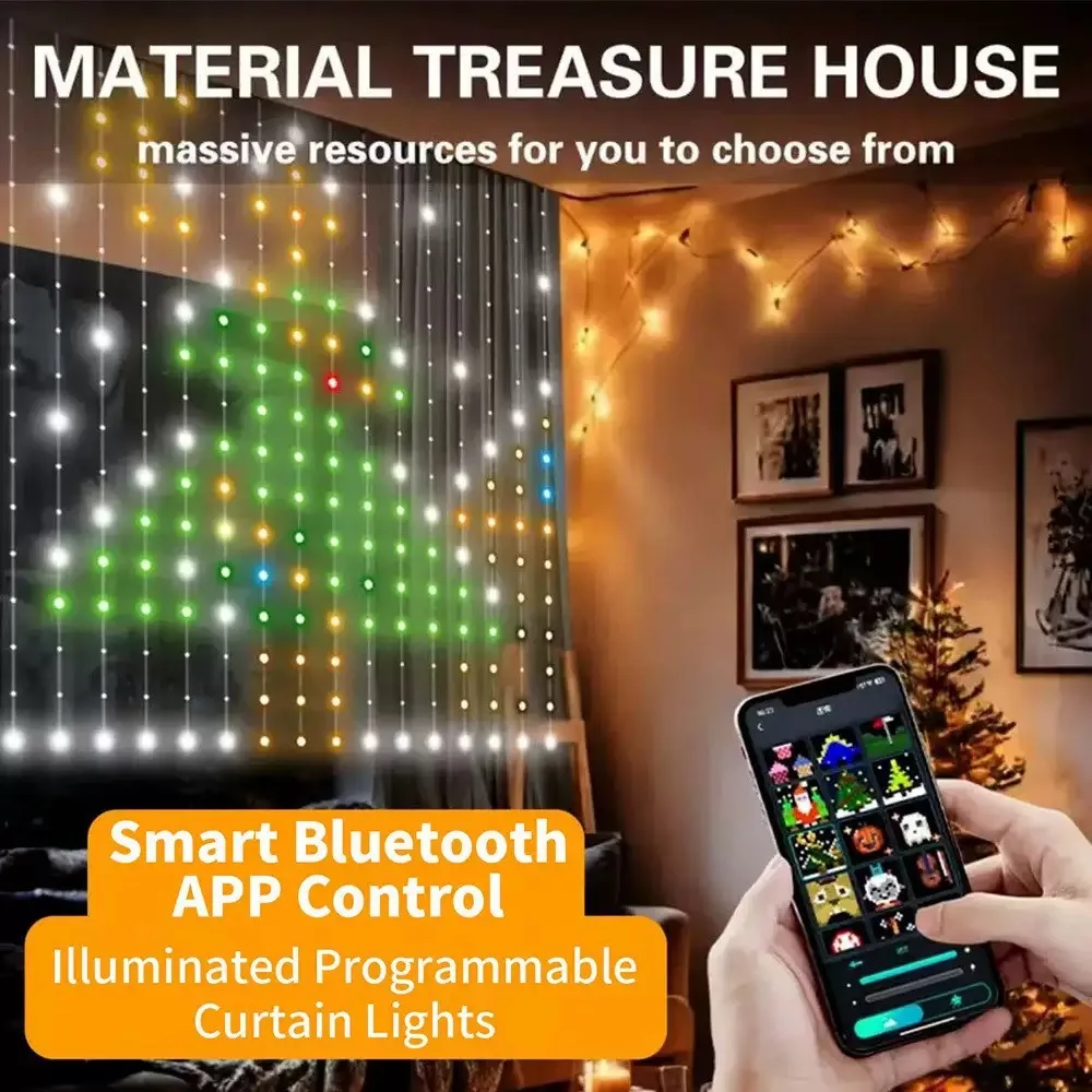 Stringa di luce per tende RGB intelligente da 400 LED con telecomando per app Sincronizzazione musicale Testo fai-da-te Luci per tende per Halloween di Natale