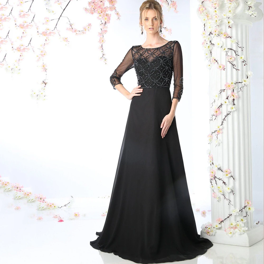 

Exquisite Scoop Neck Floor-Length A-Line Three Quarter Sleeve Party Gowns Sexy Beading Evening Sweep Train