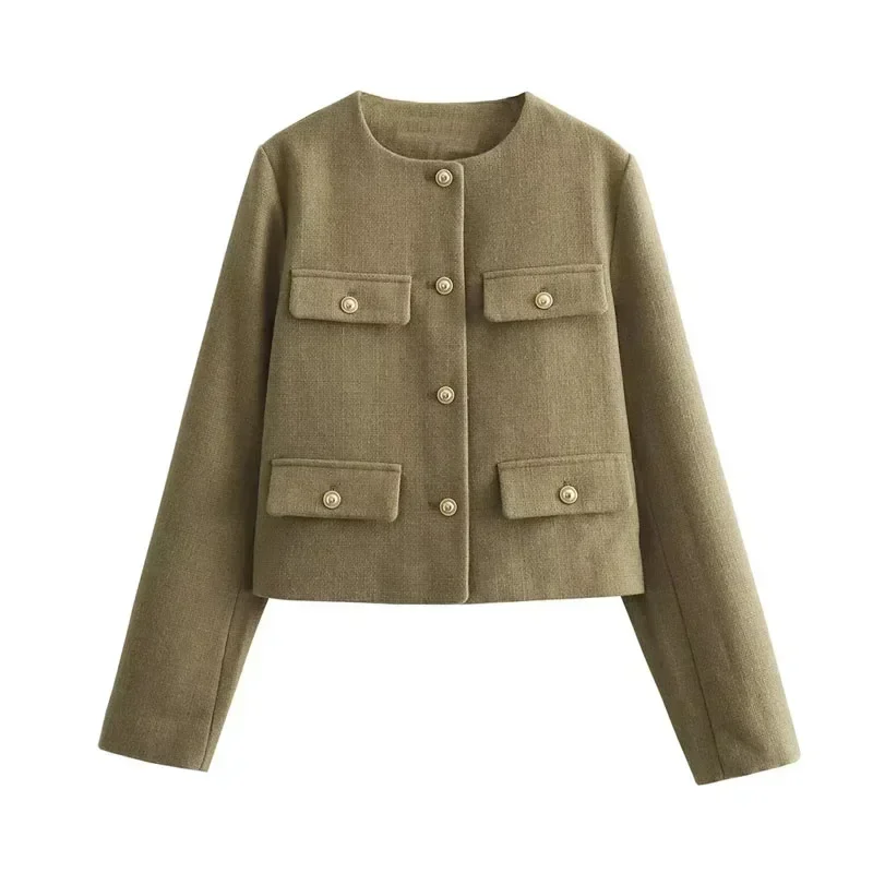 Autumn Cropped Jacket For Women Coat Winter Crop Jacket Tweed Round neck Long sleeved Demi-season Jacket Bomber Outerwears