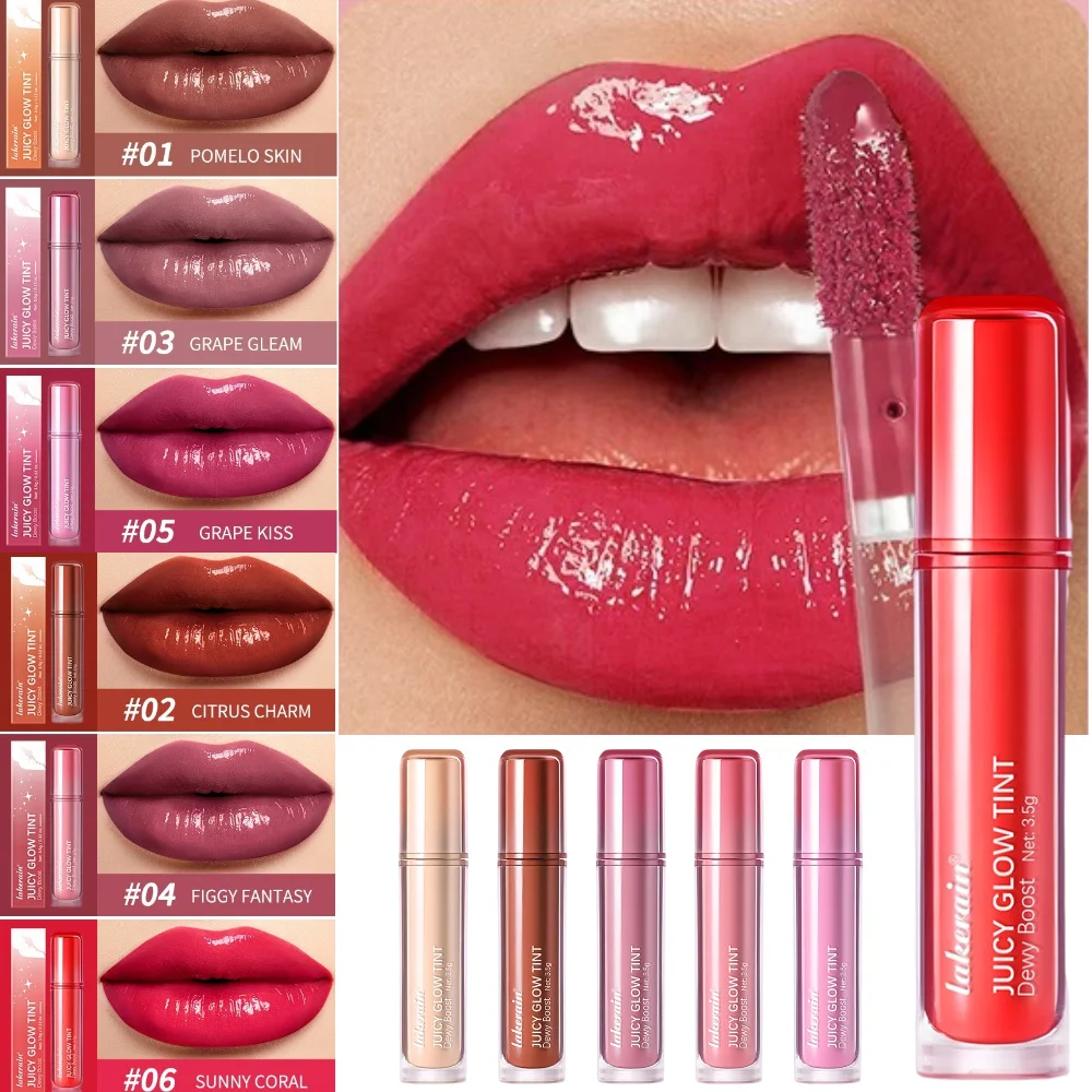 Lakerain 6-kolorowy błyszczyk do ust z efektem lustra, nawilżający, nie wywołujący wysuszenia, o teksturze szklanej, błyszczącej.