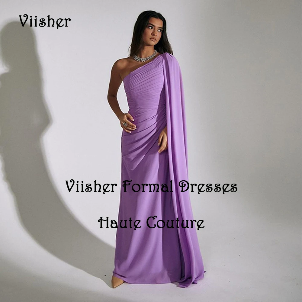 

Lavender Chiffon Mermaid Evening Dresses One Shoulder Arabic Dubai Prom Party Dress Floor Length Arabic Dubai Formal Gowns