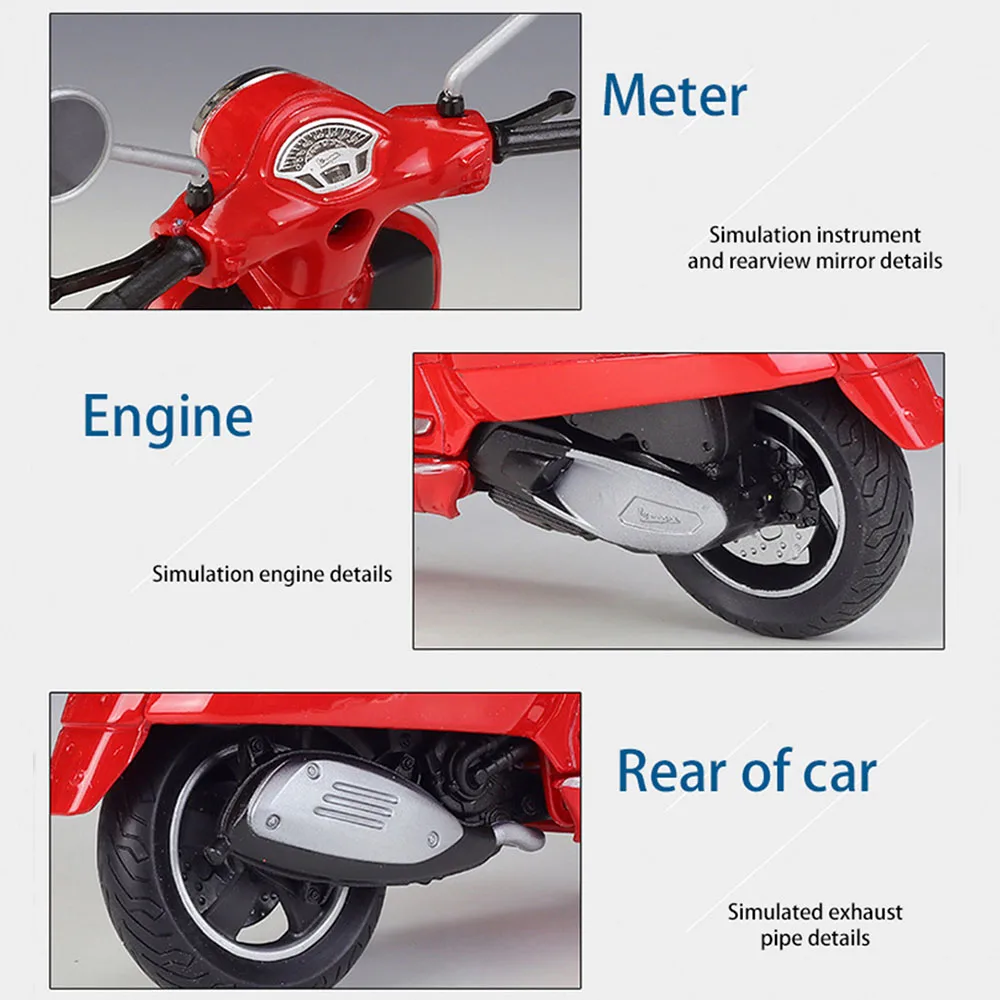 1/12 Vespa GTS Super Motorcycle Model Toy Cars for Boy Alloy Diecast Pull Back Pedal Motorcycles Car Models with Shock Absorbers