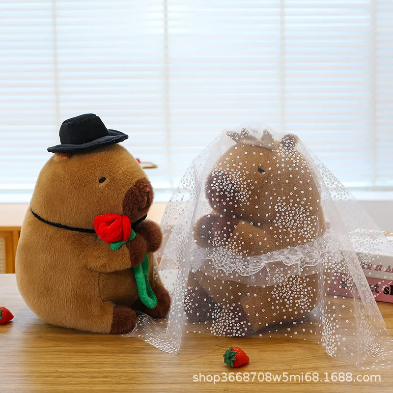 Gentleman Capybara Holding Rose Flower Stuffed Plush Toy Bedding Doll Creative Gentleman Capybara Doll Bride Groom Wedding Gift
