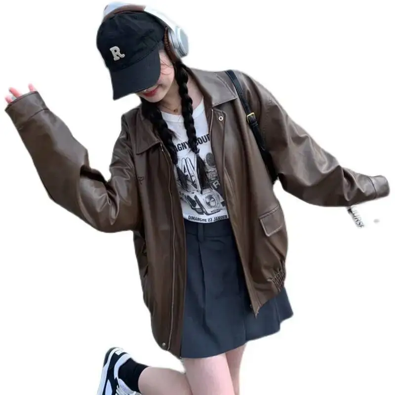 

Brown Leather Women's 2025 Spring Autumn New Small Size Hong Kong Style Retro Loose Motorcycle Jacket Midi