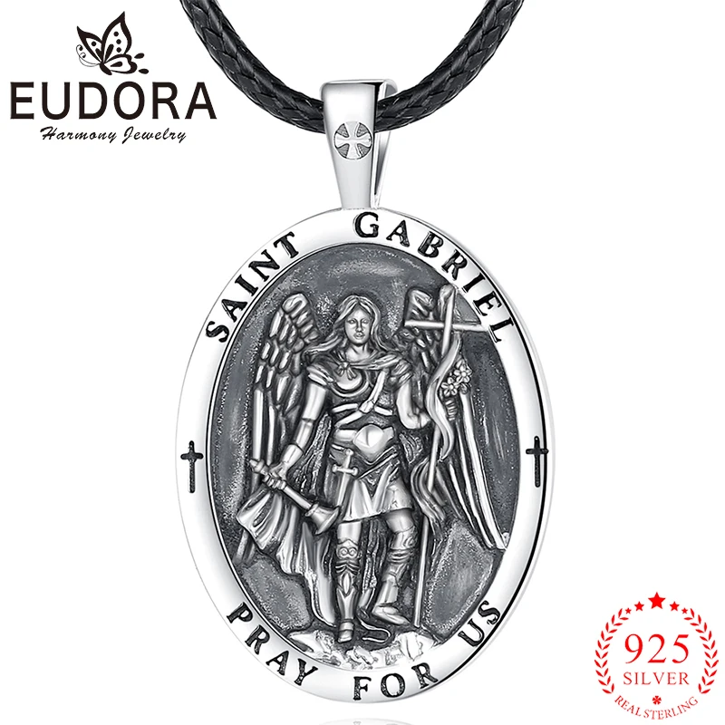

Eudora Saint Gabriel Necklace 925 Sterling Silver Archangel Medallion Pendant Religious Jewelry Vintage Gift for Men Woman