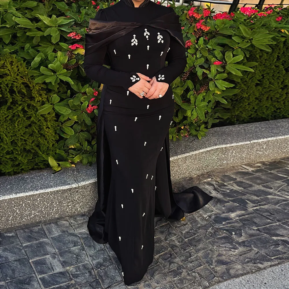 

Customized A-line Evening Dresses Floor-length O-neck Full Sleeve Prom Gown Simple Fashion Crystal Draped Casual Party Gown