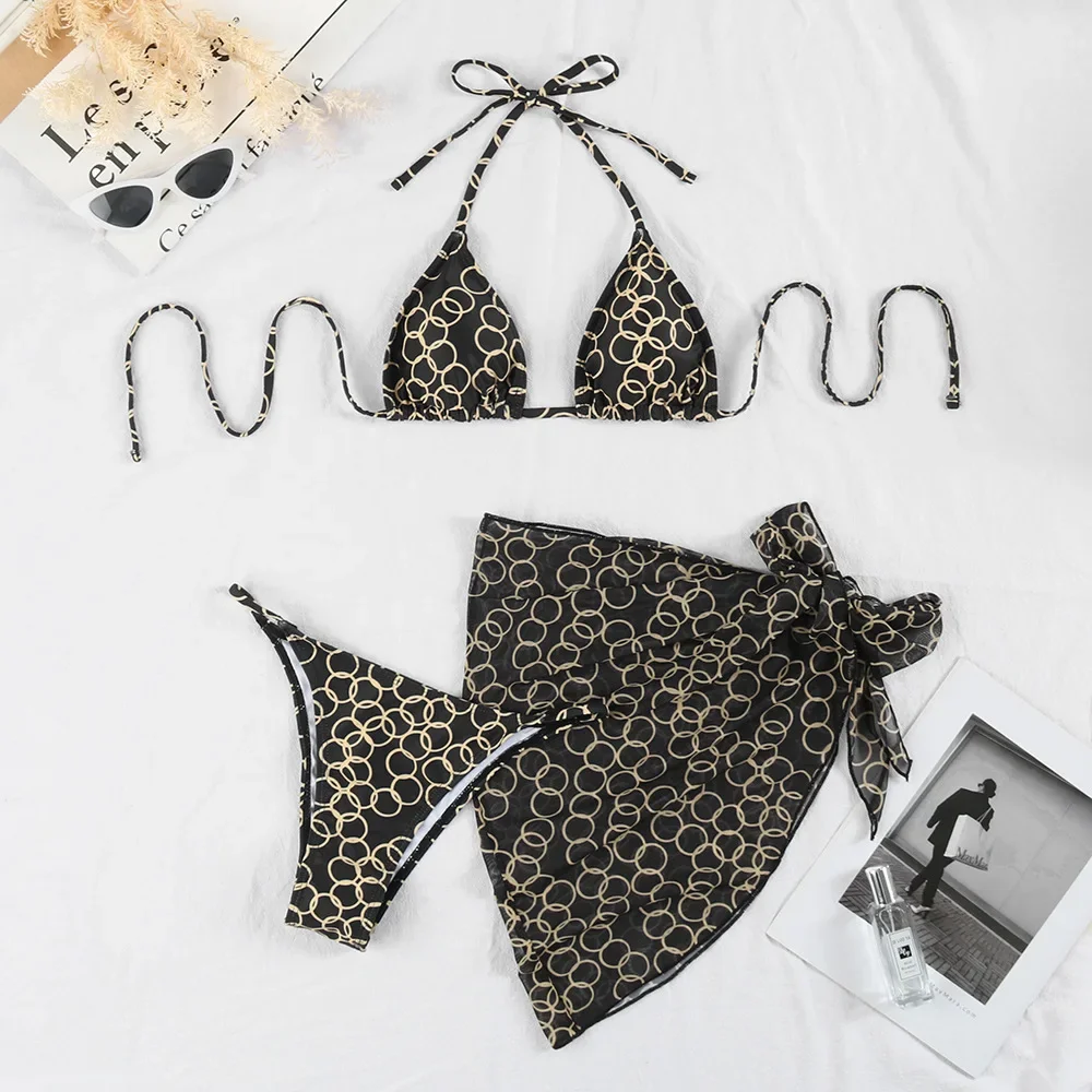 Sexy impressão halter tie bikinis conjuntos 3 pçs com capa de malha saia maiô maiô praia outfits biquini tankini