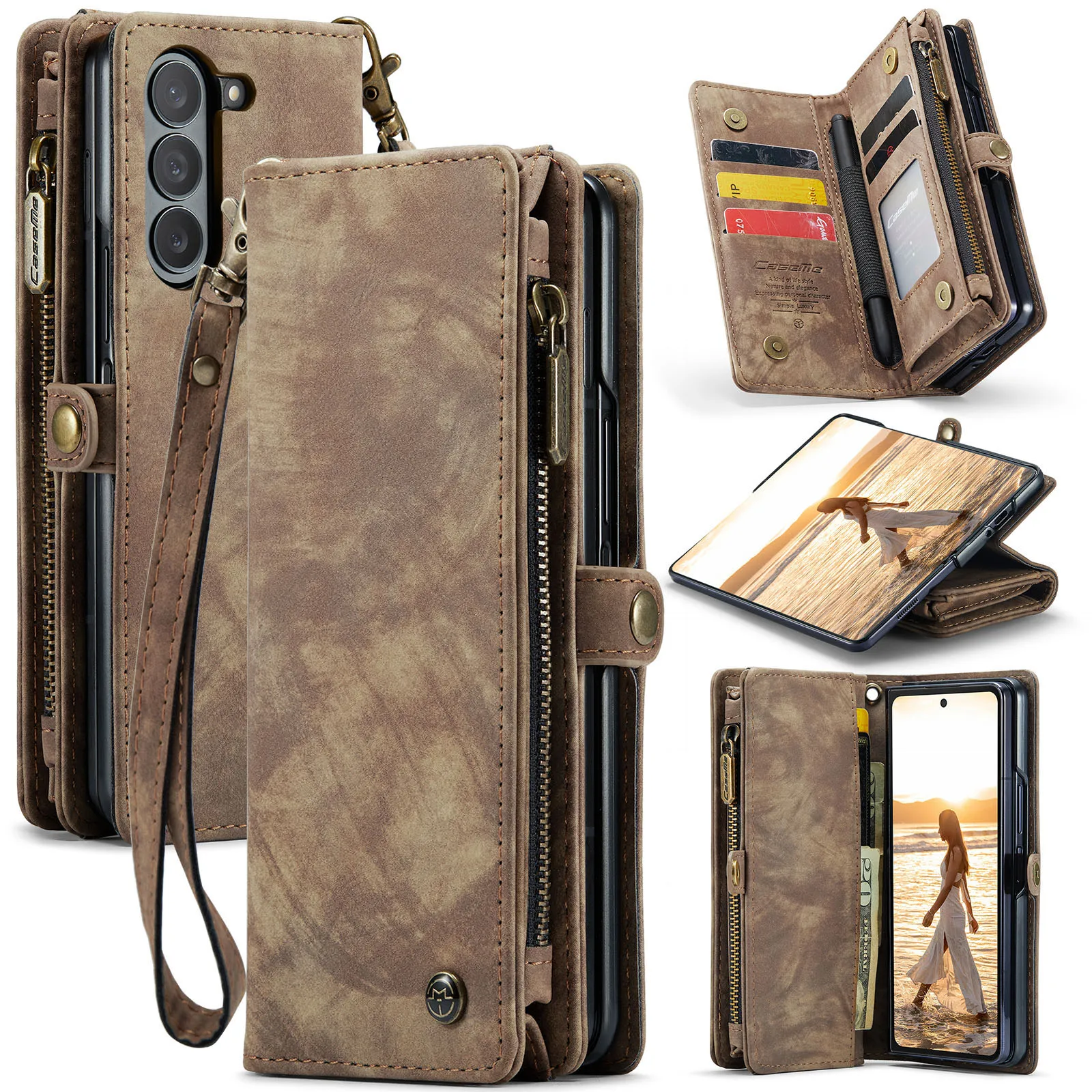 

PU Leather Flip Card Holder Zipper Strap Case for Samsung Galaxy Z Fold 7 Shockproof Wallet Card Cover for Galaxy Z Fold 6 5 4