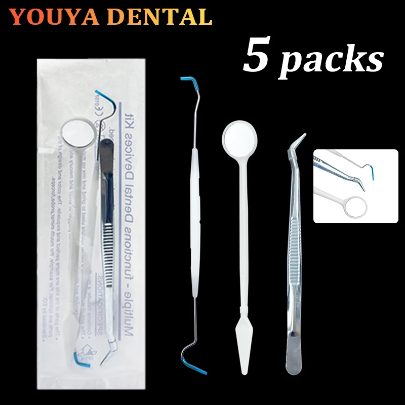 5 Pack Dentistry Disposable Oral Care Kit Oral Mirror Probe Hook Picking Tweezers Tooth Cleaning and Care Sets