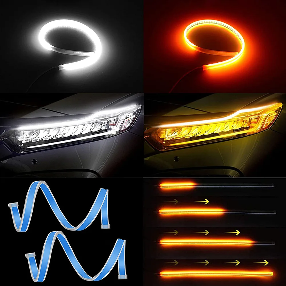 2pcs Waterproof Flexible Universal Car LED DRL Daytime Night Running Light Flow Runs Headlight LED Strip Brake Turn Signal Light