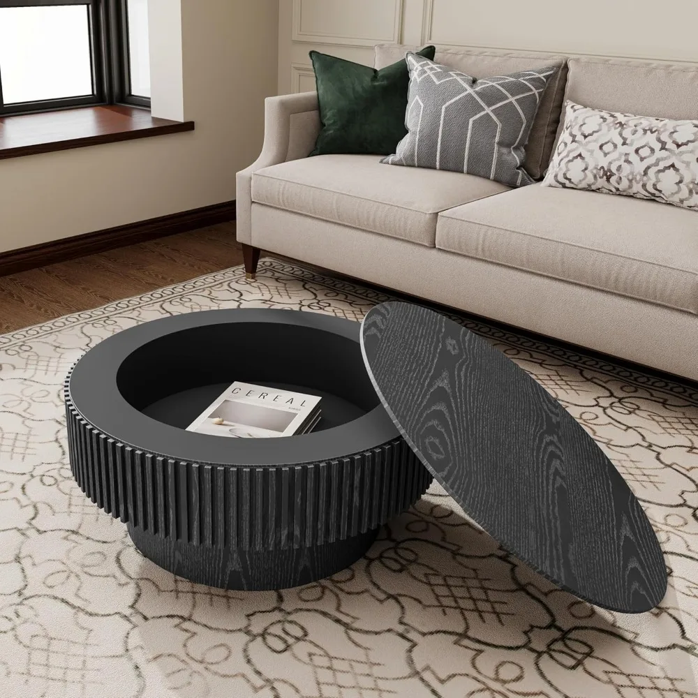 طاولة قهوة مستديرة على طراز المزرعة مع مساحة تخزين، مناسبة لغرفة المعيشة أو الشقة أو المكتب، لمسة نهائية سوداء #5