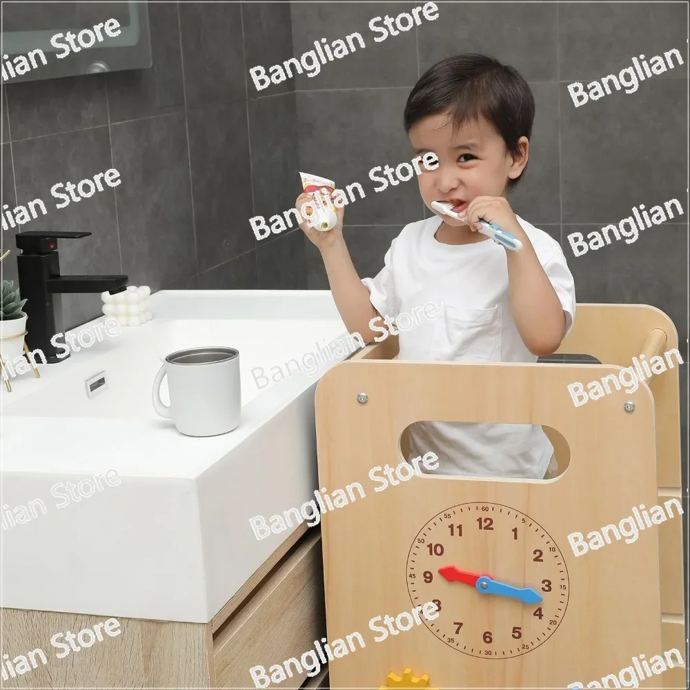 Toddler Tower, 4 in 1 Toddler Kitchen Stool Helper Wooden Height Adjustable Standing Tower for Kitchen Counter with Slide image 6
