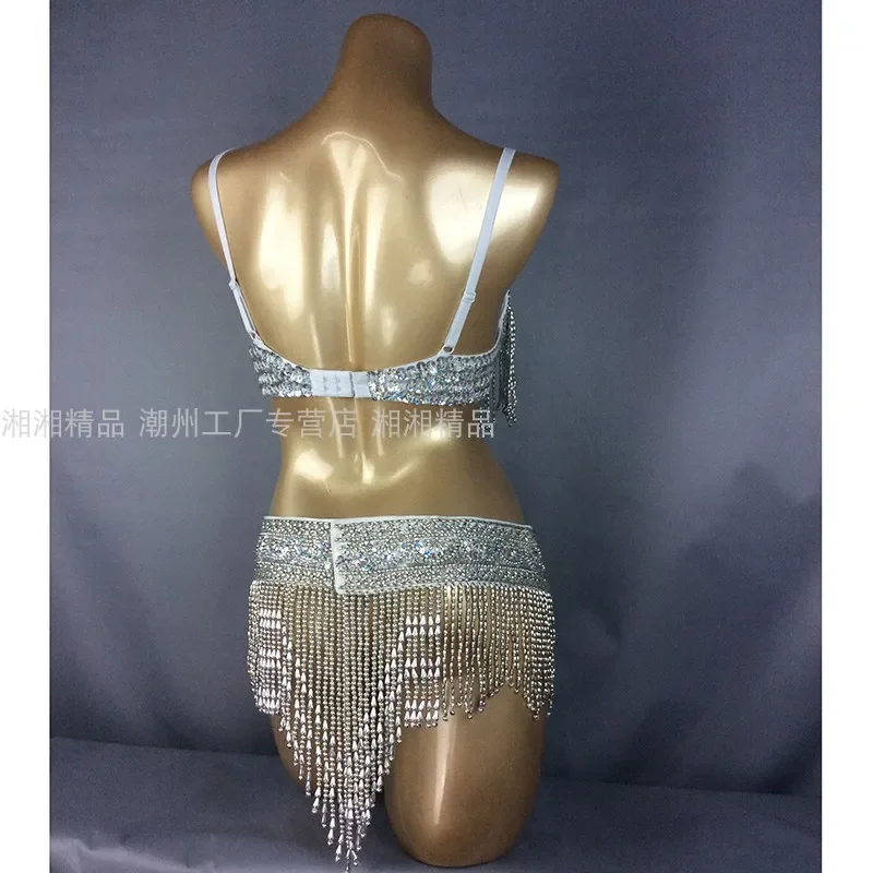 Wholesale Belly Dance Costume 2pcs Set BRA BELT NECKLACE GOLD&SILVER White 4 COLORS 34D/DD,36D/DD,38/D/DD,40B/C/D,42D/DD