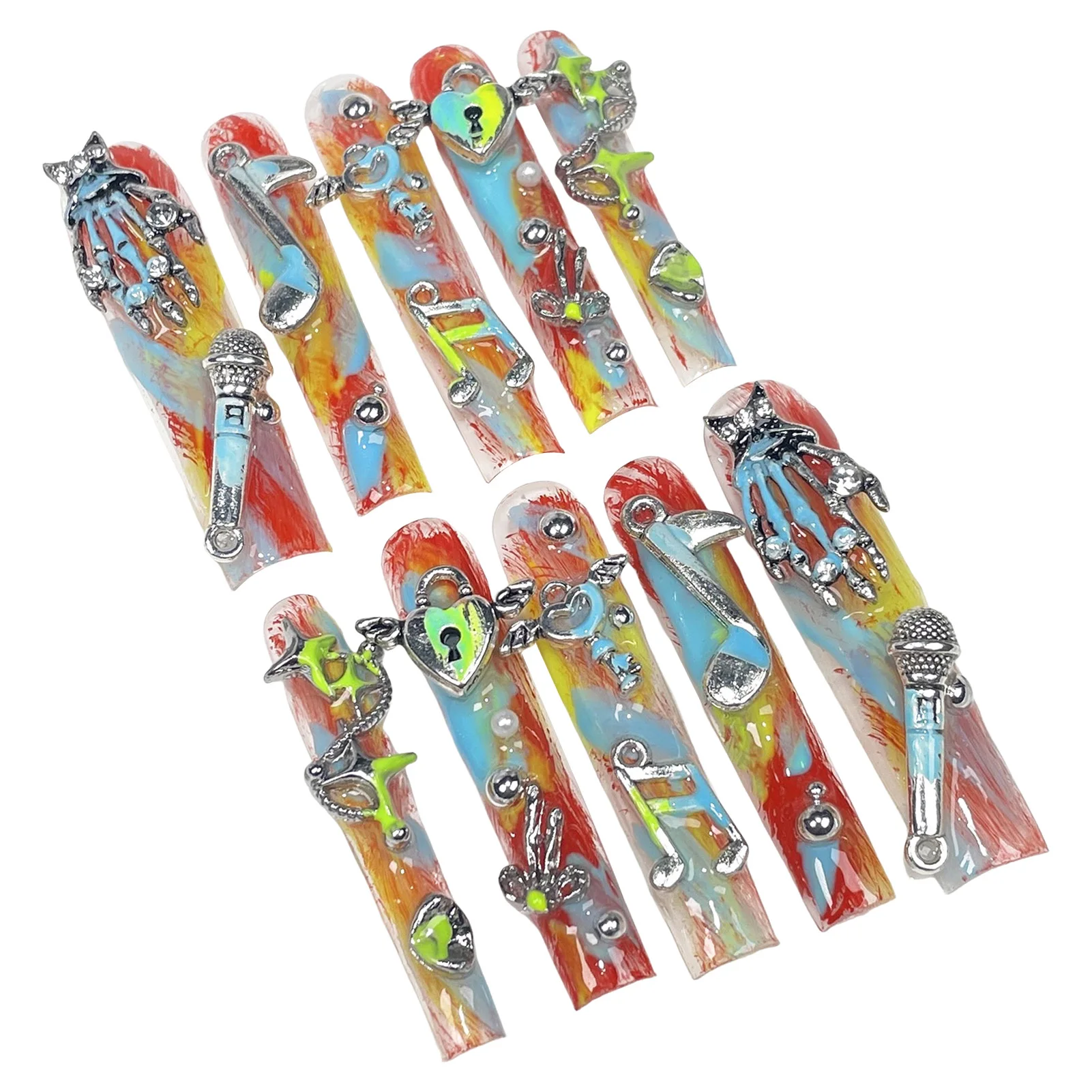 10 stks Persoonlijkheid Graffti Handgemaakte Druk Op Nagels Halloween Thema Lange Doodskist Kunstnagels Heavy Metal Punk Stijl Nep Nagel