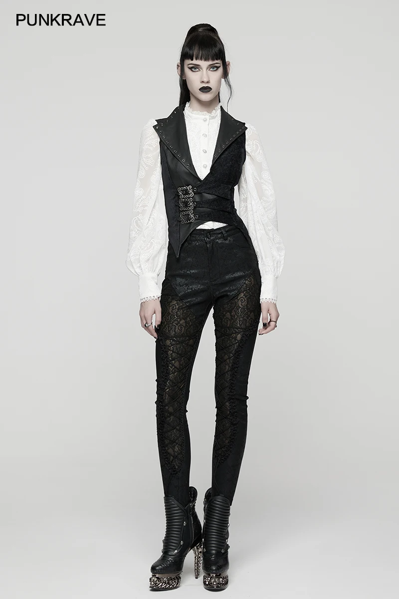 펑크 레이브 여성용 펑크 가죽 느낌 직조 & 벨벳 크랙 불규칙 밑단 조끼 메탈 아일렛 조절 가능한 드로스트링 클럽 조끼
