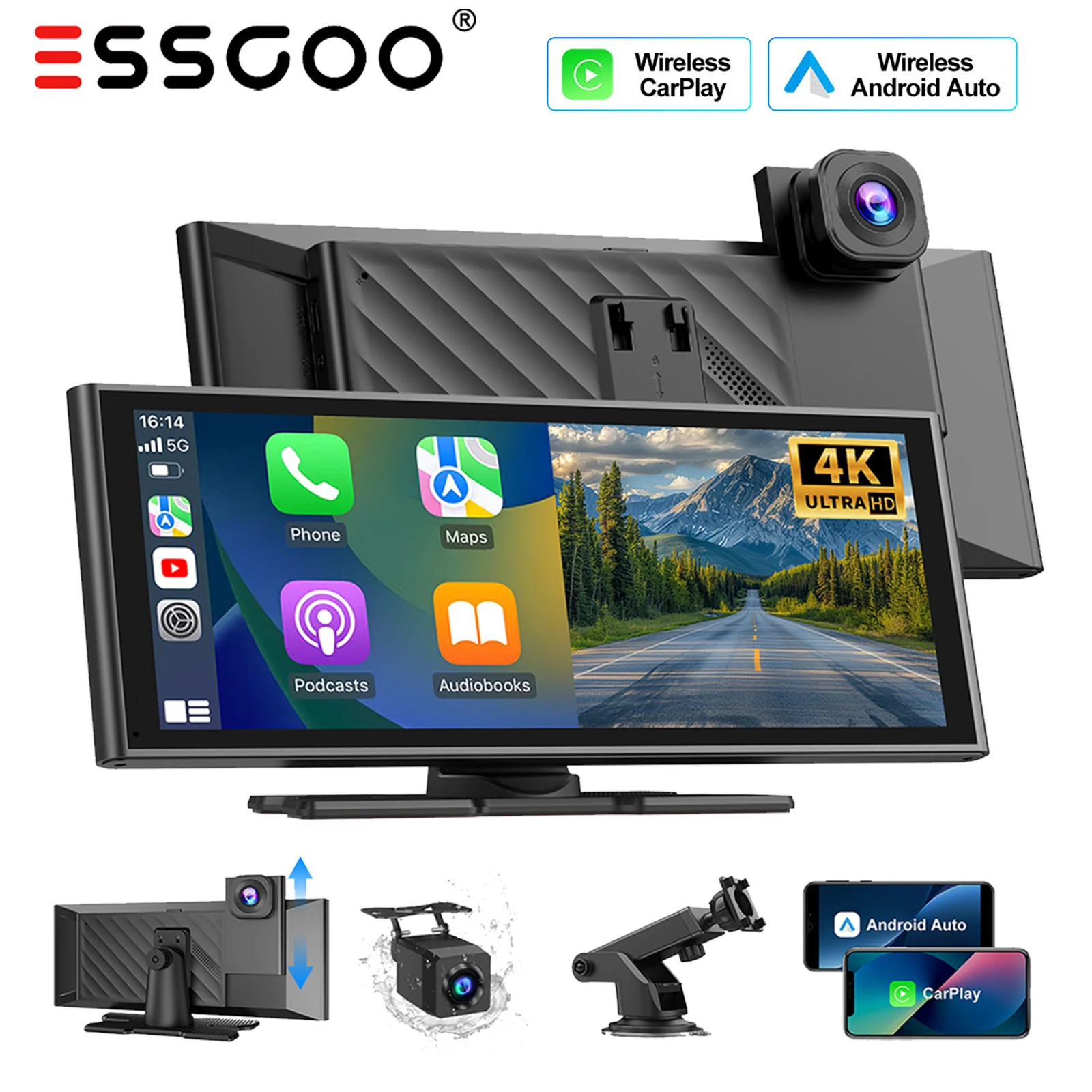 ESSGOO 10,26 Zoll Tragbare Dashcam 4K Auto-DVR Kabelloses Carplay Android Auto Videorekorder Armaturenbrett Dual-Objektiv WLAN AUX Mirror Link