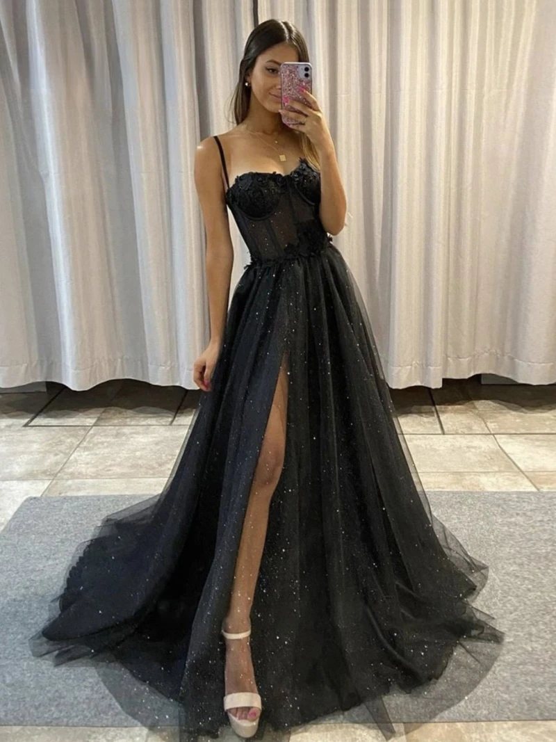 Vestidos de baile com glitter preto, cintas de espaguete, fenda lateral, vestidos de noite longos, flores 3D, ossos do querido