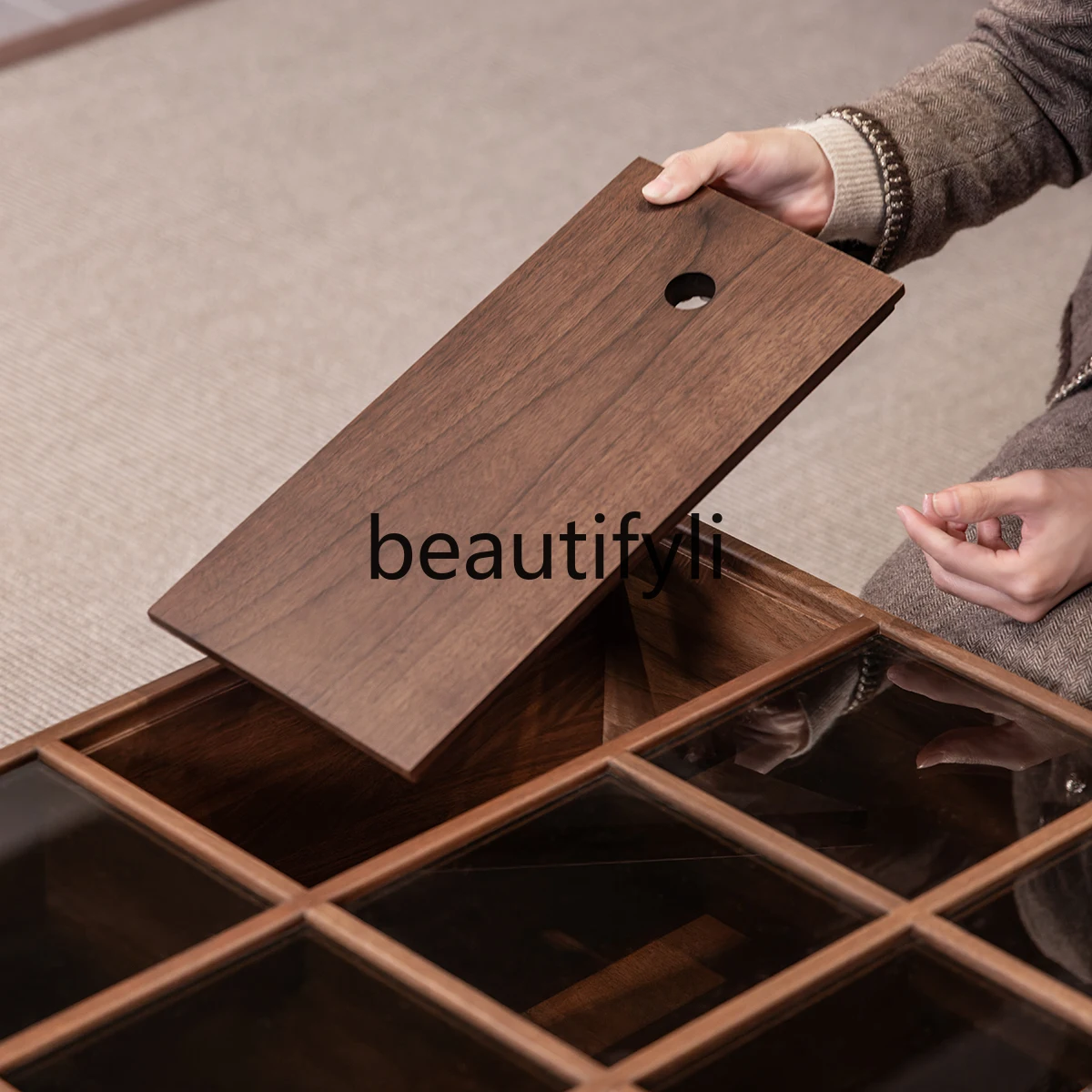 North American black walnut with tempered glass storage compartment, large flat designer original coffee table