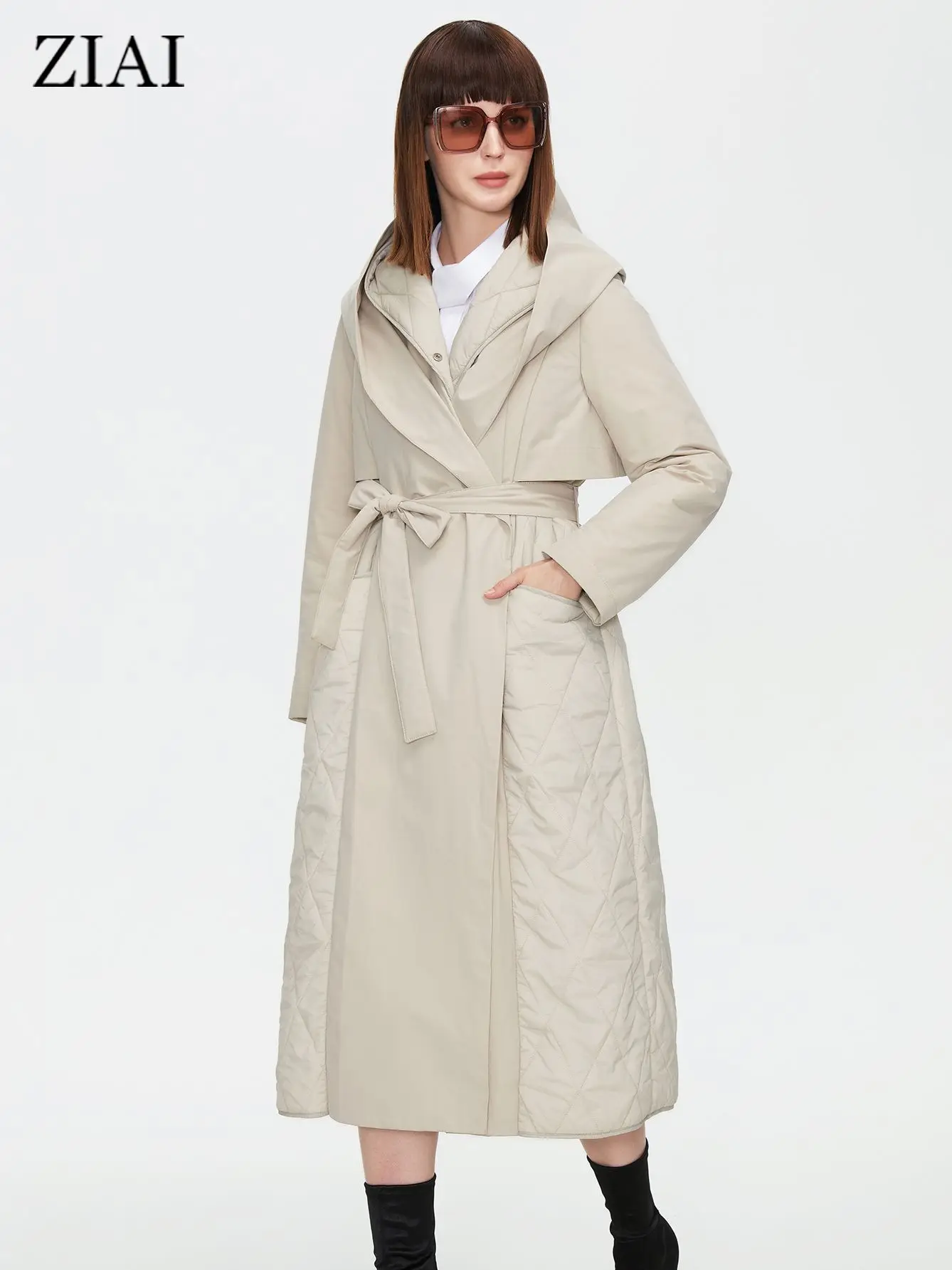 

ZIAI 2022 Women Autumn Quilted Jacket Female Long Thin Cotton Trench Coat Hooded Hidden Button Belt Elegant Windbreakers ZM-7285