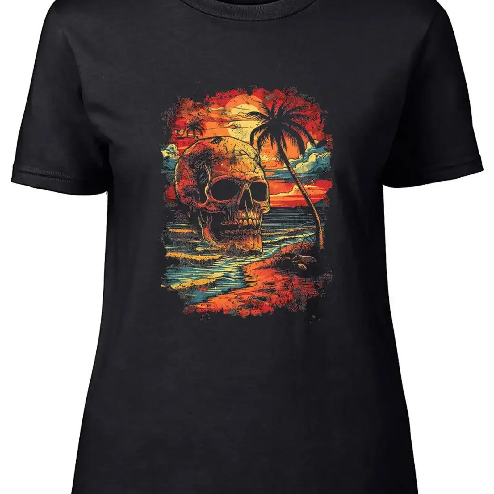 

Skull Palm Tree Island Womens T Shirt Vacation Holiday Ladies vintage Washed Comfortable homme Top For Everyday Wear