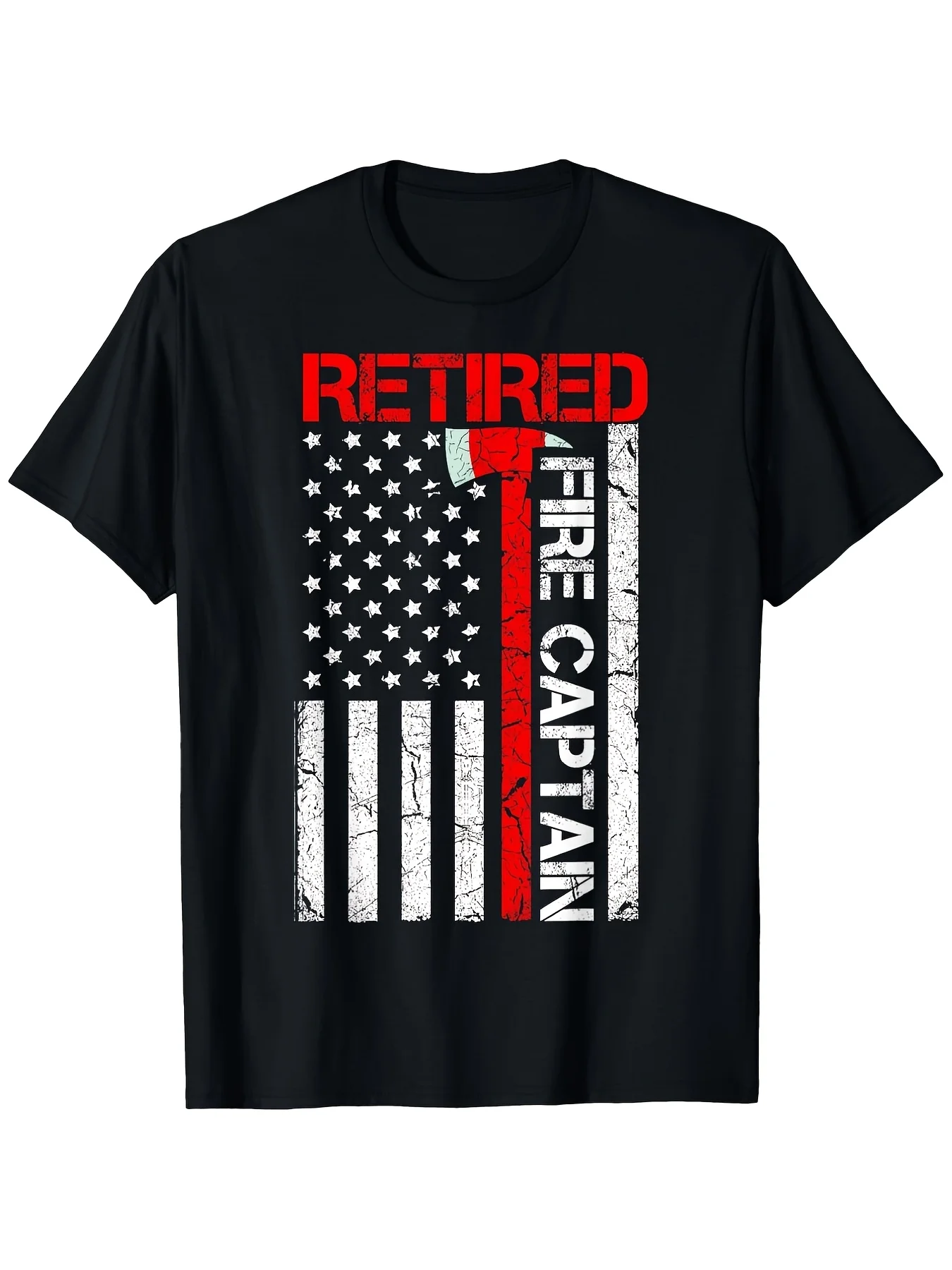 Retired Firefighter Fire Captain Retirement T-Shirt American Flag Design with Fire Retired Lettering Fit Unisex Casual Round Neck Short Sleeve Sizes for Men