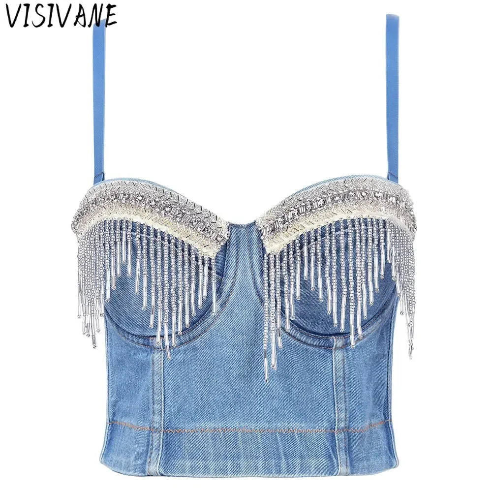 

Visivane Casual Women Clothing Y2k Tops Corset Streetwear Sexy Club Bastet Party Fashion Clothes Denim Stage Dance Wear Tees