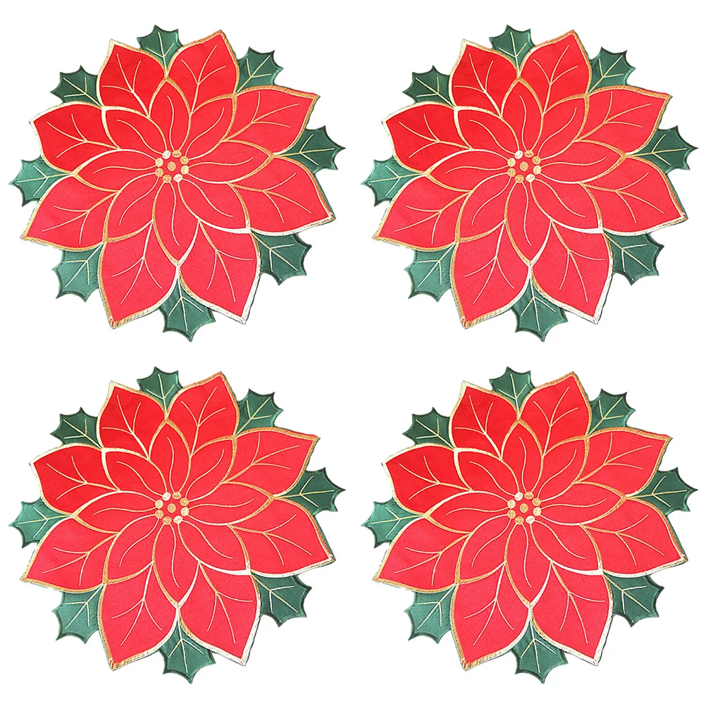 

4Pcs Christmas Table Mats Insulation Placemats Embroidered Festive Design Heat Resistant Tabletop Protector Holiday Dinner Decor