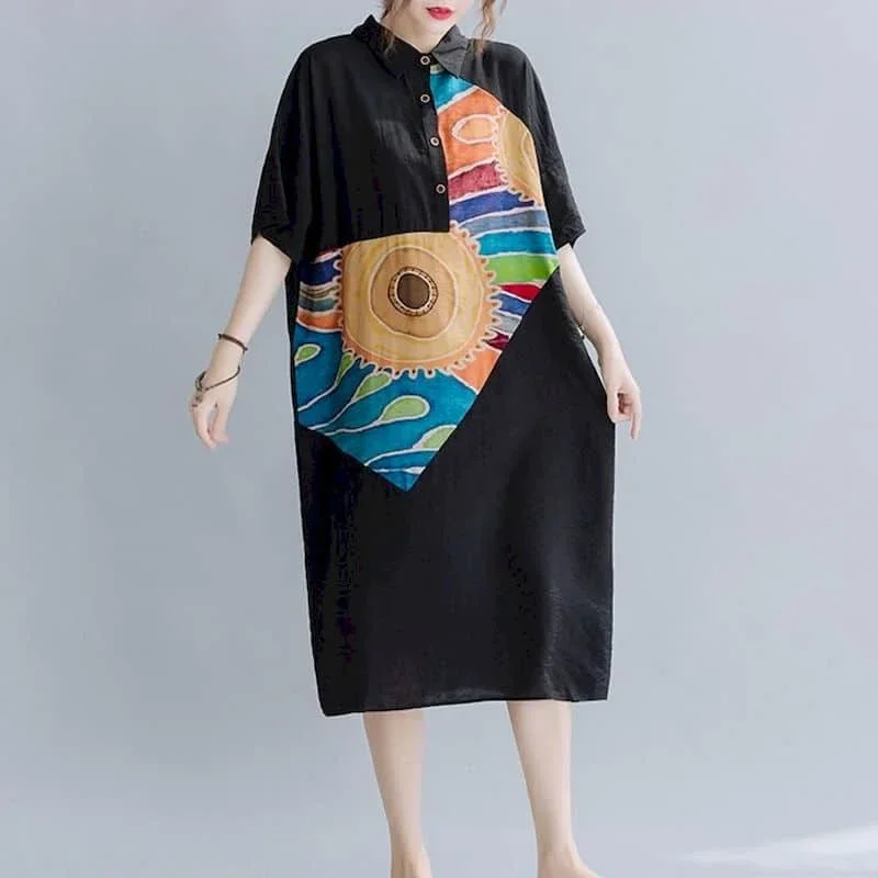 Abito da donna stampato a maniche corte con temperamento Abito stile coreano Tendenza estiva Camicie sottili larghe di media lunghezza Abito da donna