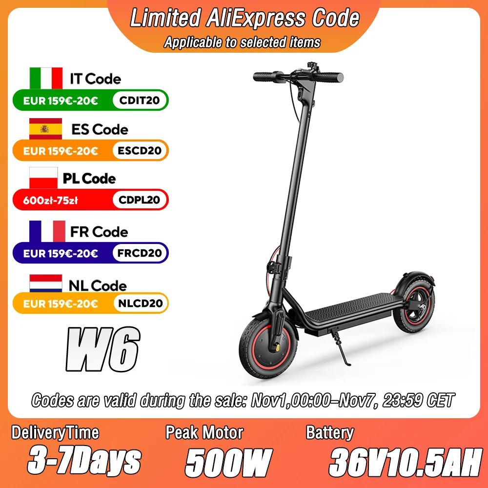 W6 Electric Scooter 500W Adult E-Scooter 36V 10.5Ah Escooter 35km/h Max Speed Support APP 30km Long Range City Electric Scooters