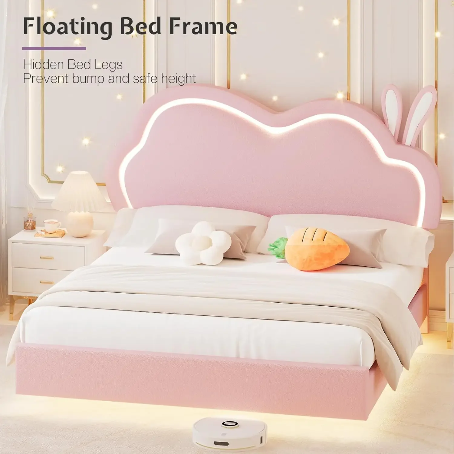 Rangka tempat tidur untuk anak perempuan, tempat tidur mengambang berlapis kain dengan Headboard awan lucu, tanpa kotak musim semi diperlukan, kulit, merah muda