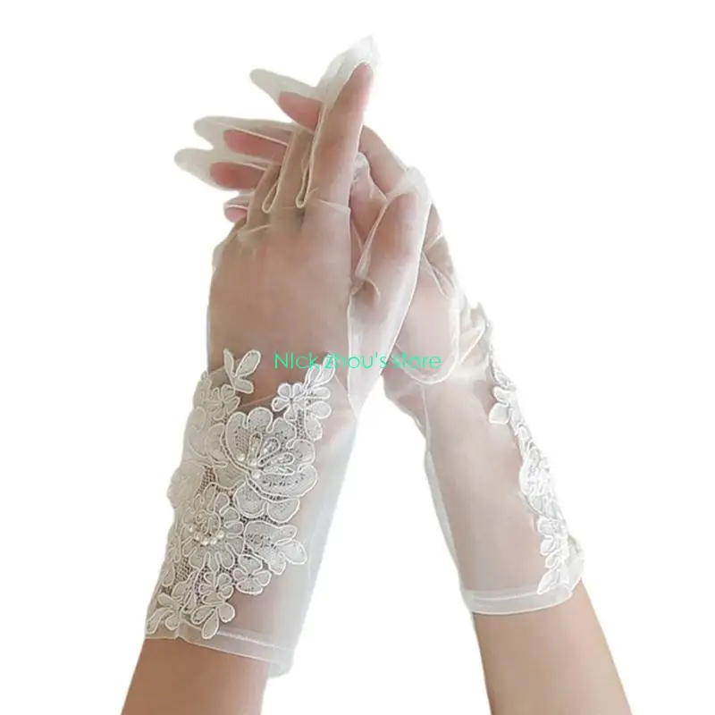 E15E قفازات زفاف شبكية متينة من الدانتيل، ملابس ناعمة لحفلات التصوير الفوتوغرافي وإكسسوارات يد العروس