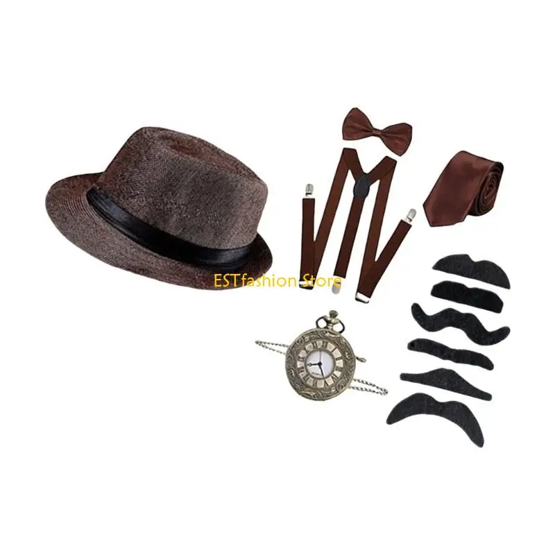 Y5GC 1920s เครื่องแต่งกายบุรุษอุปกรณ์เสริม,roaring 20s ชุด Fedoras หมวกนาฬิกาพ็อกเก็ต Suspenders Bowtie Tie หนวดเครา