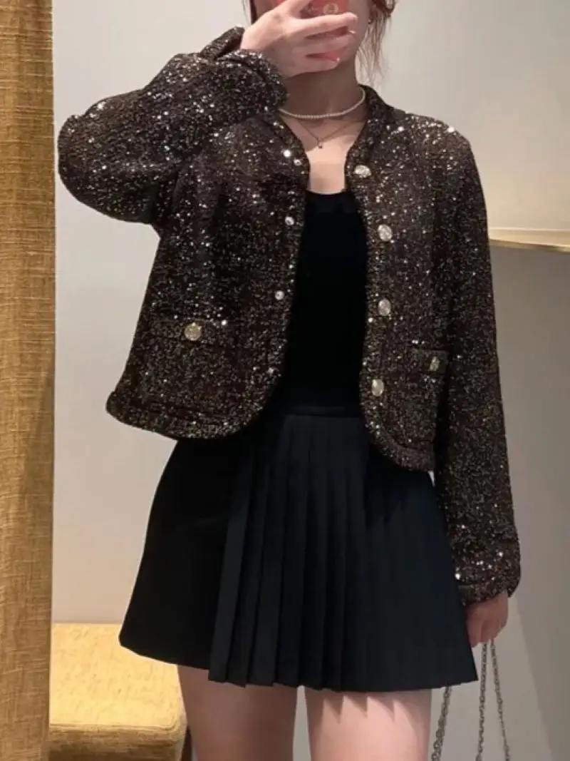 Autumn 2024 Women Sequin Short Jacket Single Breasted Long Sleeve O-Neck Fashion Female Coat