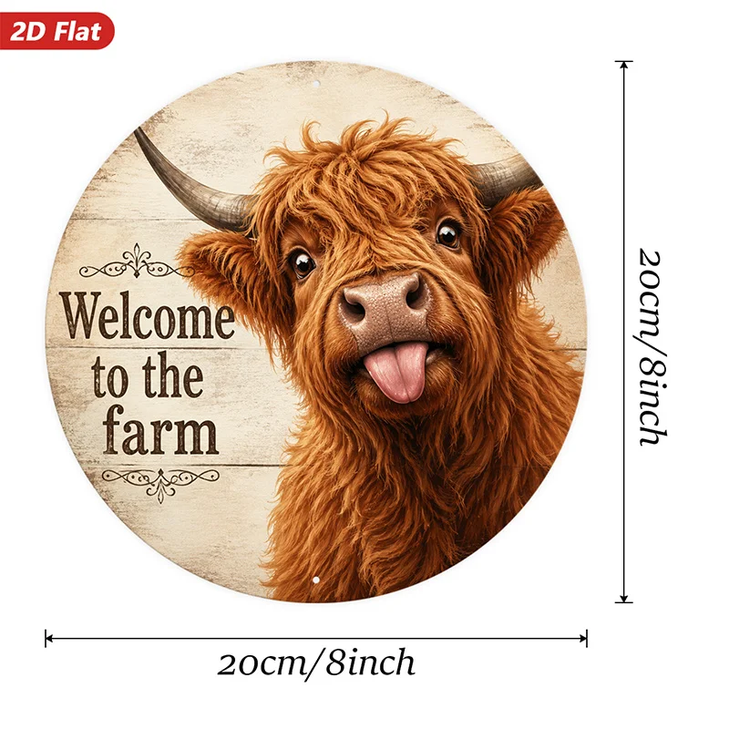 2D Flat, 1pc Highland Cow Welcome Round Metal Sign Wall Art, Ideal for Garden Entryway, Welcome to The Farm Text, Curved Horns,