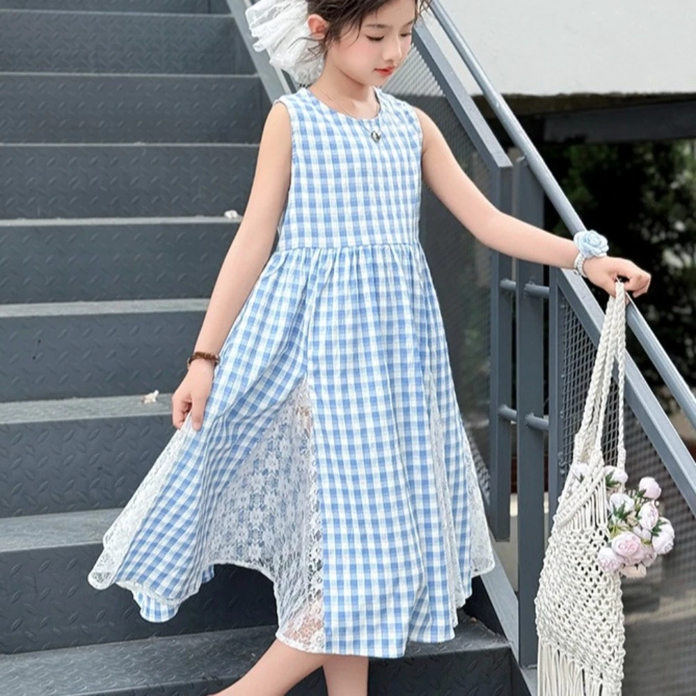

Round Neck Children Plaid Dress Sleeveless Princess Kids Grid Long Dress Loose Long Girls Patchwork Skirt Beach Vacation