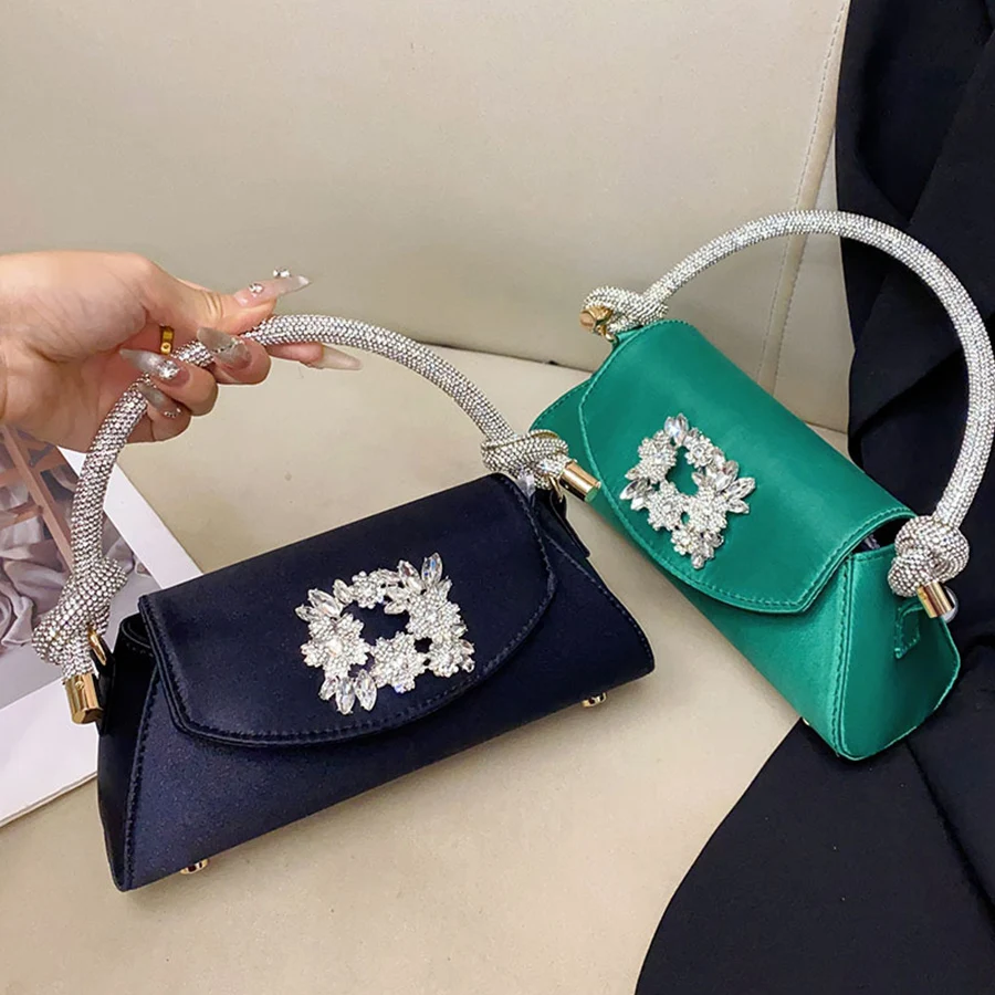 Sparkling Diamond Flower Dinner Bags Trapezoidal Square Button Handbag Banquet Silk Satin Small Square Bag Crystal Shoulder Bags