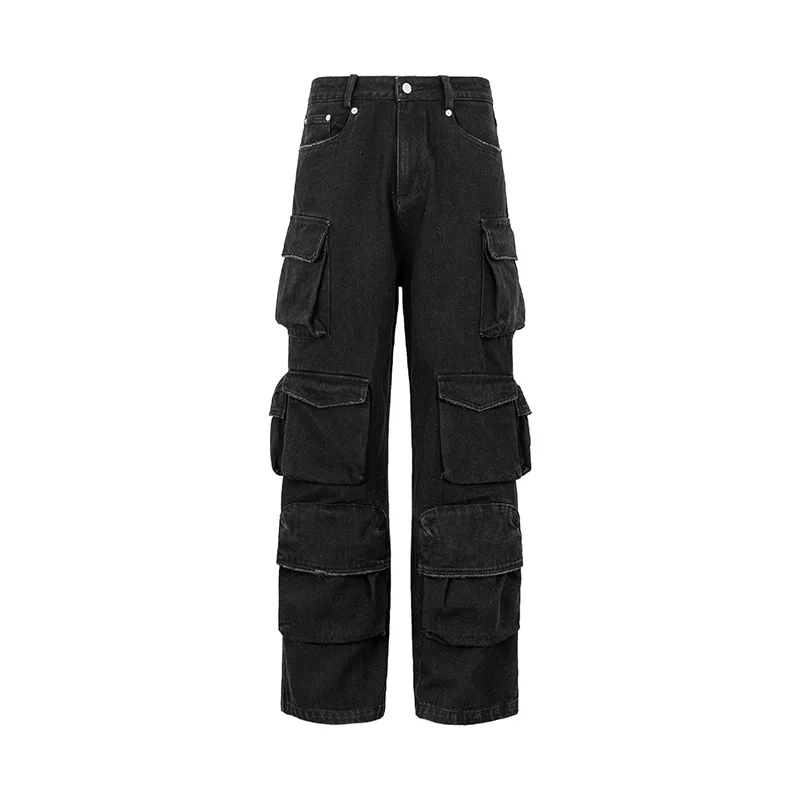 Black Leaven Washed Jeans Multi-Pocket Overalls Straight Pants American Cargo Pants