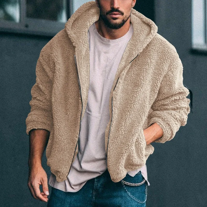 Herren Winter Reißverschluss Fleece Kapuzenjacke Vintage Casual Streetwear Lose Einfarbig Hoodie mit Taschen Freizeit Mode Mantel – Detail 5