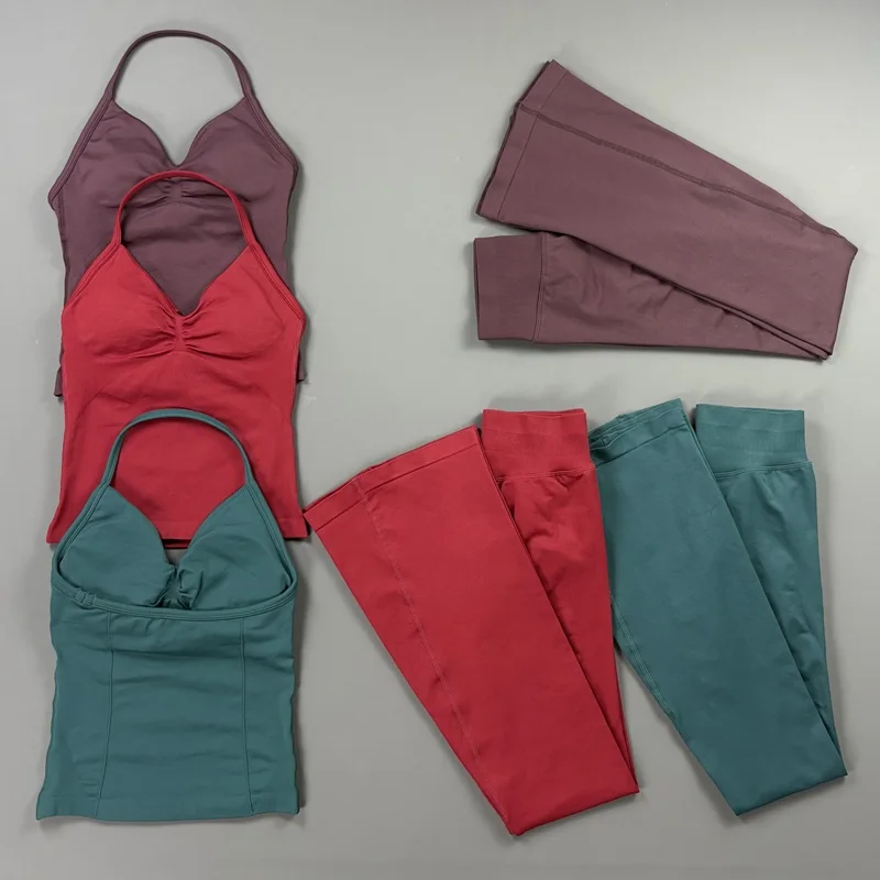 2 Piece Wide Flare Fitness Set Women High Support Sports Longline Strappy Top Squat Proof High Stretch Casual Workout Outfit