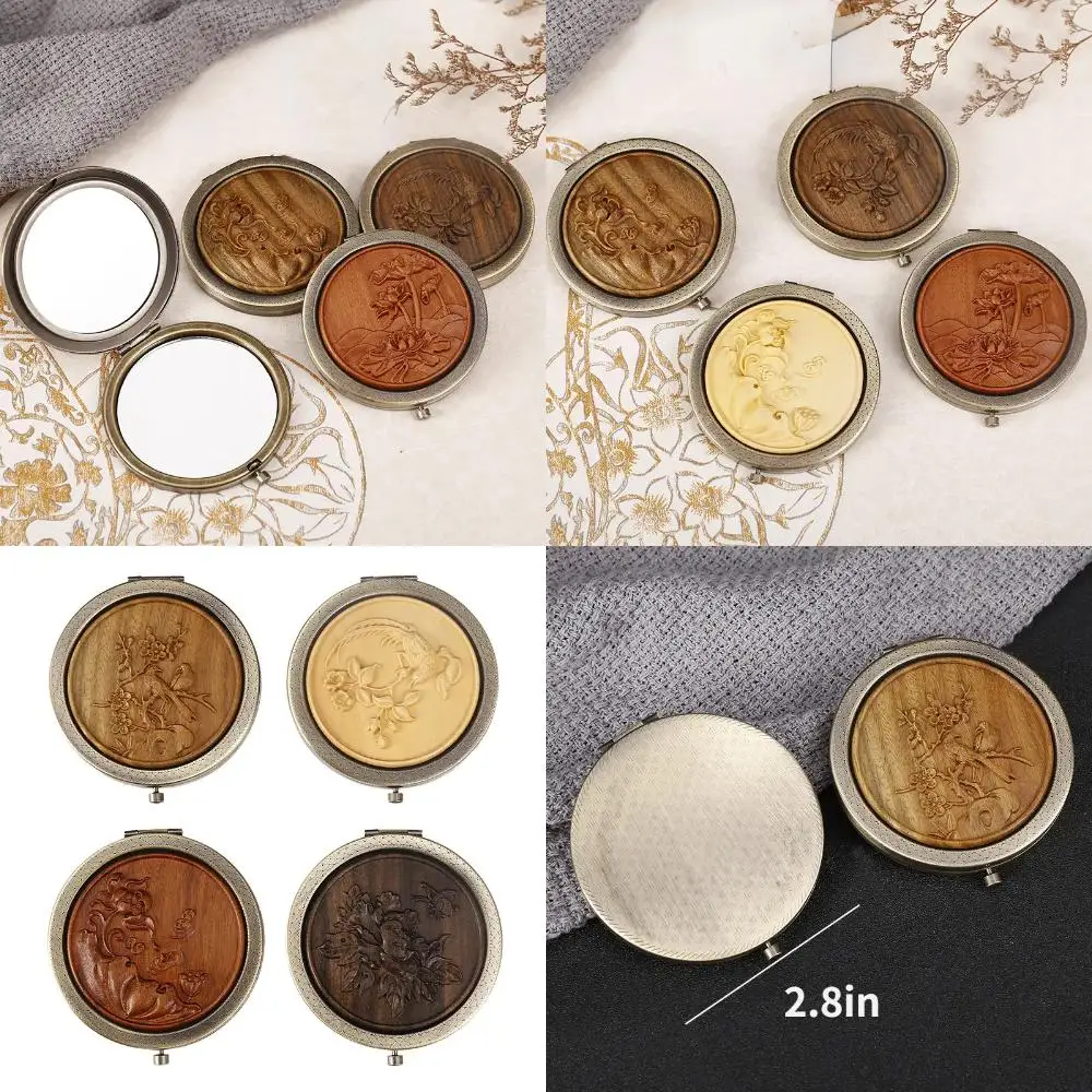 Vintage Brass Handheld Compact Portable Makeup Mirror with Wooden Carving - Ideal for Girls beauty