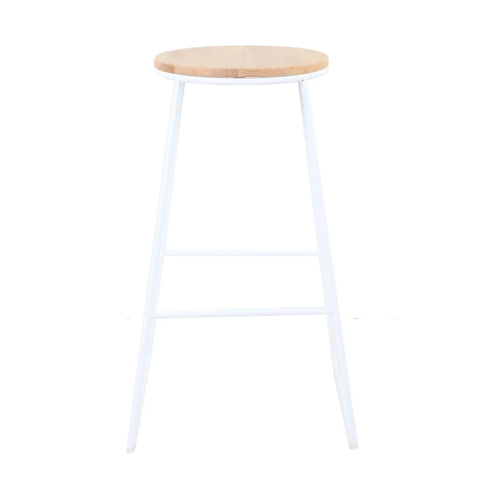 Stackable Backless Stool Set of 4 White Steel Base Natural Wood Seat Indoor Bar Kitchen Game Room Comfortable Footrest