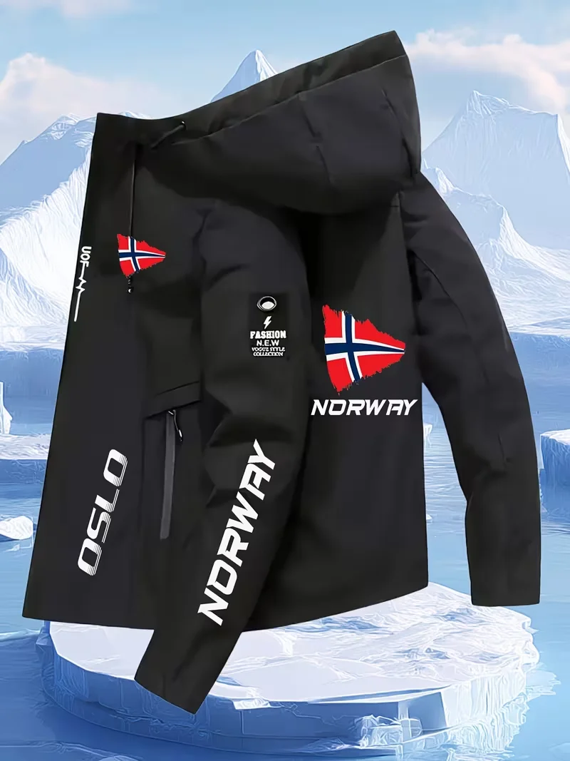 Herren-Jacke mit Kapuze und Norwegen-Flagge (Oslo), winddichter Outdoor-Mantel, Nationalreise-Windbreaker, lässige Kapuzenjacke – Detail 2