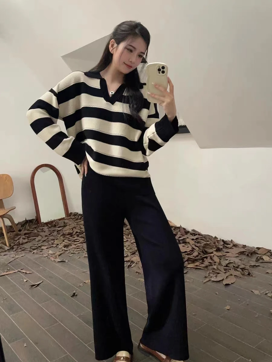 2024 Spring New Retro Women Sweater Set Casual Pullovers Suits Striped Knitted Long Sleeve Elegance Tops Elastic Wide Leg Pants