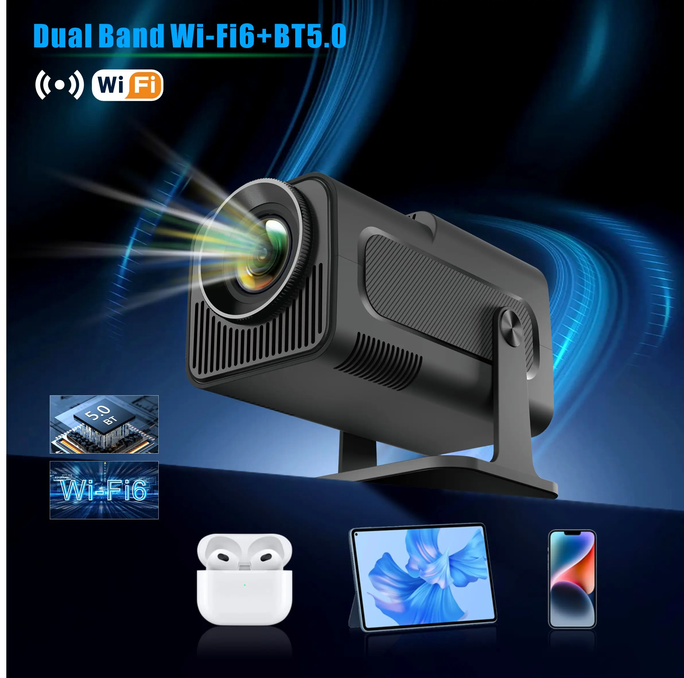 HY320 Android 11 Projector Native 1080P 300 ANSI 4K Video Decoding Dual Wifi6 BT5.0 Portable Outdoor Projetor Upgrated HY300