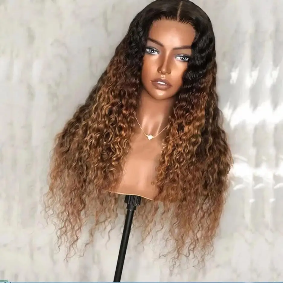 180Density Soft 26" Ombre Brown Kinky Curly Long Lace Front Wig For Black Women Babyhair Heat Resistant Preplucked GluelessDaily