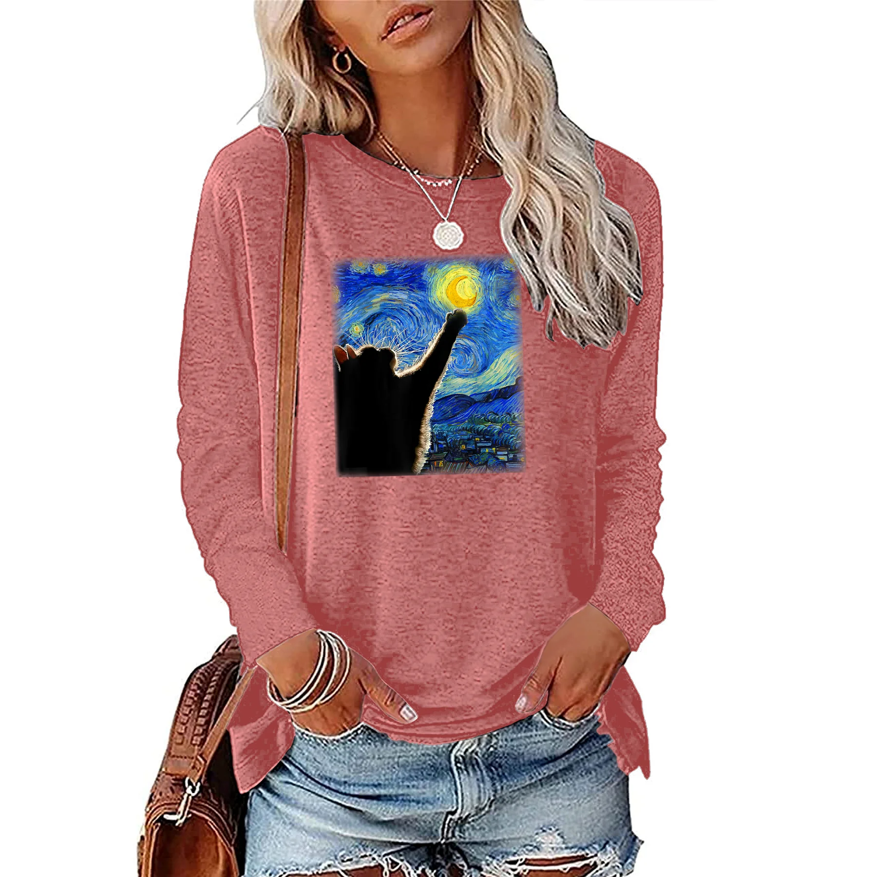 Quiet Starry Sky Little Cat Touching the Moon Printed T-shirt Women\'s Regular Colored Cotton Long Sleeve