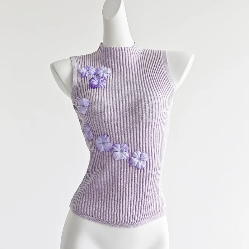 Summer Sweet Elegant Purple 3D Floral Decorated Sleeveless Tops Women  Slim Fit Form Crop Tops Y2k Coquette Fashion Tees New