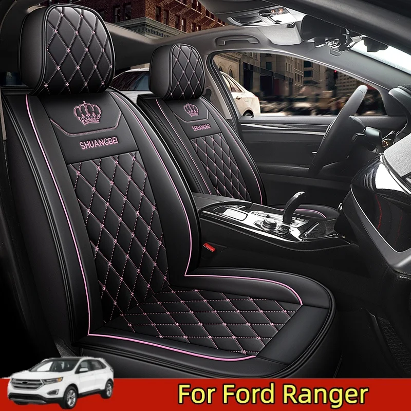 غطاء مقعد سيارة فورد رينجر عالي الجودة مطرز بتاج عالي الجودة من جلد البولي يوريثان مقاوم للماء غطاء مقعد كامل التفاف