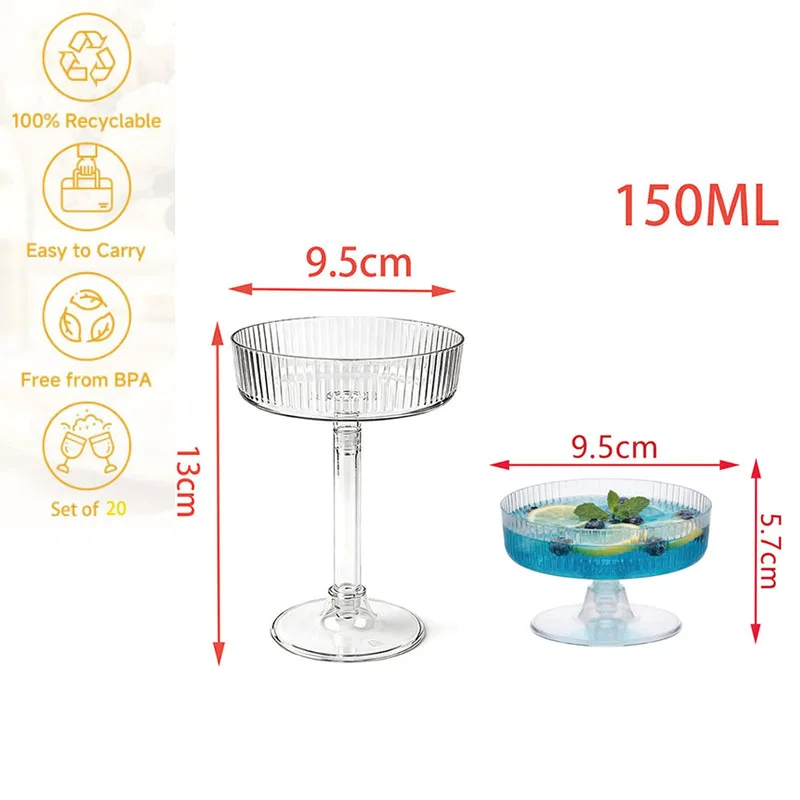 20 Pack Plastic Champagne Tower 5oz Clear Cocktail Glasses Acrylic Martini Glasses for Wedding Birthday Party Bar